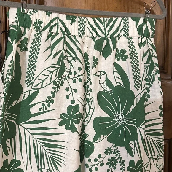 NEW Linen Blend Macaw Elegance Green Cream Leafy Tropical Print Wide Leg Pants S - Picture 12 of 17